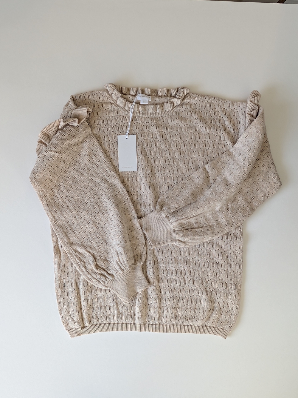 Jamie Kay Tan Cream Oatmeal Open-Knit Ruffle-Neck Pointelle Sweater 9